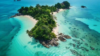 Aerial view of beautiful tropical island with white sand beach and blue sea
