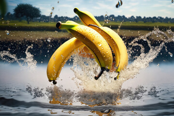 Wall Mural - fresh bananas with splashes of water, fruit splashing