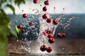 Wall Mural - fresh cherries with splashes of water, fruit splashing