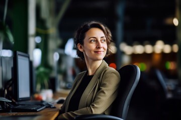 Poster - smiling businesswoman sitting at workstation