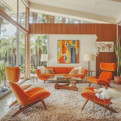 Wall Mural - Vibrant mid-century modern living room with abstract art, perfect for wallpaper or background best-seller images