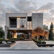 © qorqudlu - A high-end modern home captured during twilight, showing the beauty and elegance perfect for a best-seller abstract architecture wallpaper or background