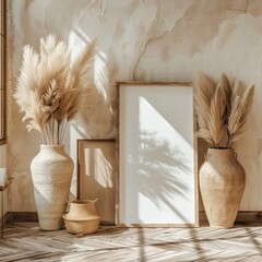 Wall Mural - Warm, inviting interior scene with pampas grass in vases, creating a cozy atmosphere that would serve well as a wallpaper or abstract background best-seller