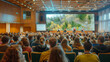 © Kateryna - a  of a large seminar hall filled with attendees listening to a keynote speaker discussing innovative solutions to combat climate change, with a presentation screen i