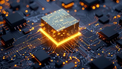 Sticker - This image shows a glowing central processing unit (CPU) on a motherboard, serving as ideal tech abstract wallpaper and background for a best-seller