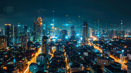 Wall Mural - A vibrant image of Bangkok at night showcasing a smart city connected with modern technology. The illuminated skyline represents urban innovation and digital transformation. AI generative.