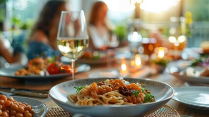 A health-conscious family meal with legume pasta served in a bright dining room, showing a balanced diet