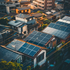 Wall Mural - Sunlit rooftop with solar panels capturing vibrant energy, showcasing modern renewable technology and sustainability. This image highlights clean energy solutions. AI generative.