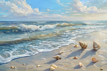 Wall Mural - Serene Coastal Beach with Gentle Waves and Seashells Painting