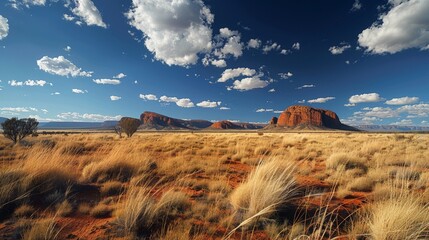 Wall Mural - Scenic Uluru in Australia with red rock formations, vast desert landscapes, and clear blue skies
