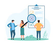 © Iconic Prototype - Rejection of document and file, survey and test results analysis. Tiny people holding magnifying glass to check list with cross on clipboard, control quality of form cartoon vector illustration
