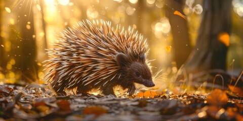 A cute giant radiant brown majestic china red and gold leathery cone shaped porcupine, walks through the forest at sunset, golden hour, dry leaves on ground