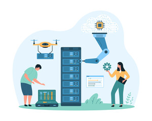 Wall Mural - data center development with ai, machine learning. tiny people and robotic arm construct server toge