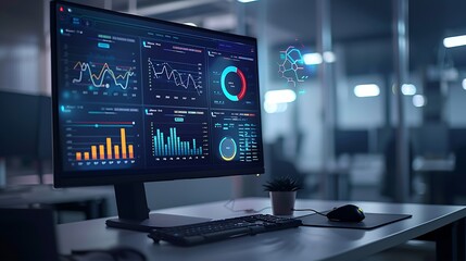 A computer monitor equipped with an abstract network monitoring dashboard displays technology and data analysis with a photograph, providing vivid graphs and real-time data analysis.