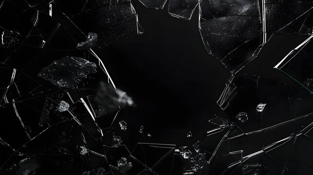 cracked and shattered glass with a hole on black background, photorealistic
