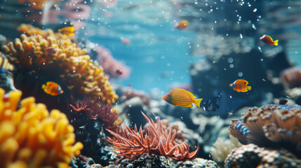 This image showcases an underwater closeup of a coral reef with small fish in the background, rendered in a 3D realistic graphic style. AI generative.