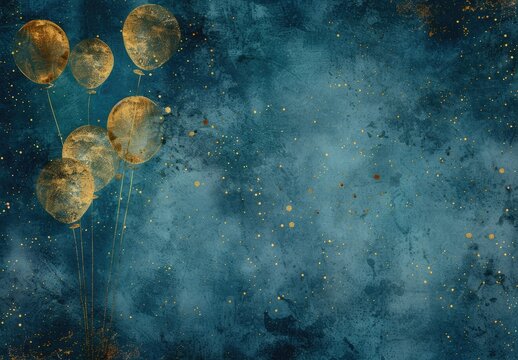 Gold Balloons on Teal Watercolor Background