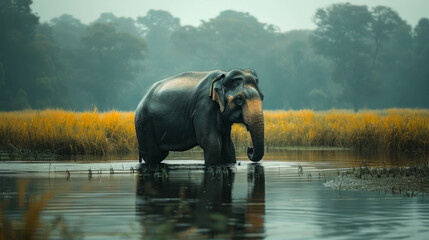 Wall Mural - Majestic Indianelephant in a panoramic landscape of Kerala paddyfield during rainfall. The immersive hues and wildlife charm highlight the natural beauty, depicted using AI generative.