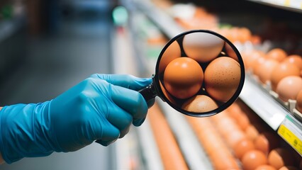 Food safety inspector testing eggs at supermarket poster.