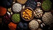 © Varunee - Photograph of a variety of grains and beans arranged in a colorful and aesthetically pleasing manner