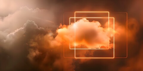 Wall Mural - abstract cloud illuminated with neon orange light square on dark. Concept Abstract art, Neon light, Cloud inspiration, Dark background, Square format