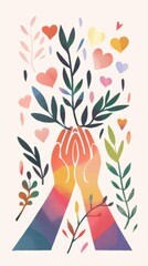 Joyful 2D illustration of hands with hearts and leaves, uplifted on a white background with a pastel rainbow, expressing LGBTQ pride,