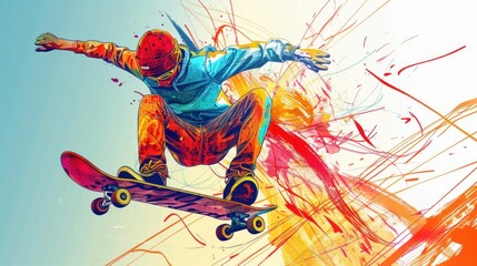Wall Mural - Vector illustration of a skateboarder in action, engaging in the extreme sport of skateboarding, depicted with a continuous line drawing.