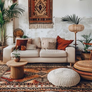 This image showcases a warm and inviting living room with a bohemian style, perfect as a best-seller wallpaper or background