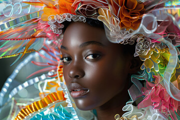 Haute couture fashion portrait of a black female model wearing an abstract plastic headpiece