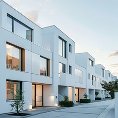 Sticker - This image displays a row of modern townhouses with a minimalist design, perfect as a wallpaper or abstract background for a best-seller