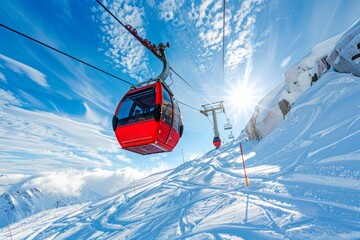 Red cable car in the swiss alps ski resort on a frosty and sunny day, travel and adventure concept.