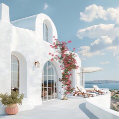 Canvas Print - A serene Greek villa overlooking the sea, with bougainvillea and minimalist design, ideal for wallpaper and abstract backgrounds