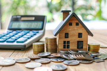 Buying new home House model, coins and calculator on the table Mortgage, rent and real estate concept