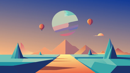Wall Mural - Surreal Landscape with Pyramids and Hot Air Balloons at Sunset