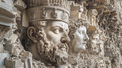 Wall Mural - Detailed stone sculptures of ancient faces carved into a historical wall, showcasing intricate craftsmanship and artistic expression.