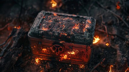 small carved wooden chest with burn marks