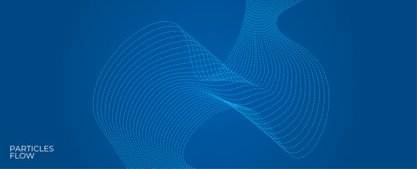 Blue dots in motion dark vector abstract background, particles array wavy flow, curve lines of points in movement, technology and science, banner, cover, poster, card. vector illustration