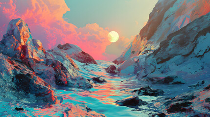 holotone futuristic chromatic waves landscape illustration abstract background decorative painting