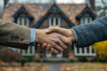 Handshake near house, real estate rental and sale concept