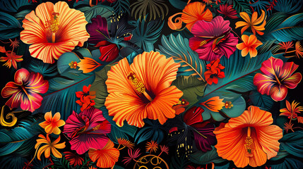 Wall Mural - Colorful tropical motif with floral elements and tribal designs