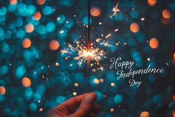 Wall Mural - A hand holding a sparkler with bokeh lights in the background and 'Happy Independence Day' text, celebrating a festive occasion with warm colors.