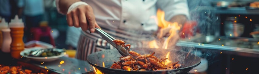 A chef preparing fried insects in a hot pan, street food theme, side view, dynamic cooking, digital tone, complementary color scheme