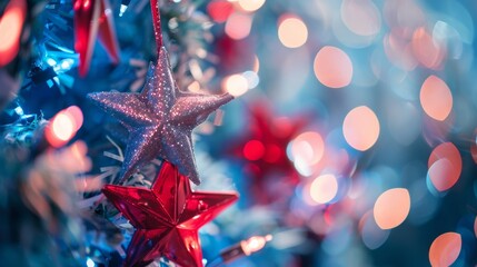 Wall Mural - close-up of red and pink star ornaments hanging on a christmas tree with colorful lights in the back