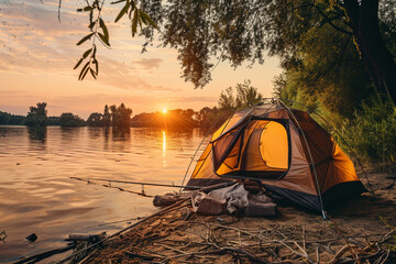 carp fishing tent and rods on background of lake or river and nature in the morning fishing with car