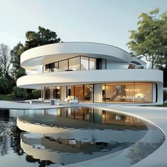 Wall Mural - A modern circular architecture of a luxury house with reflective pool, perfect for abstract, wallpaper, and background best-seller visuals