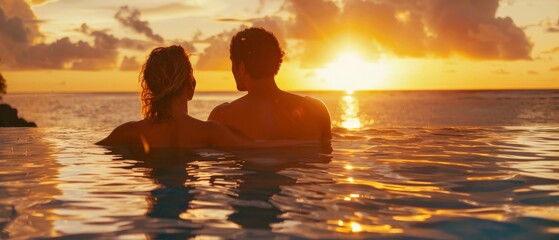 Wall Mural - A man and woman, sweethearts, stand together in peaceful solitude ,Woman and man sweetheart in relaxation, back to camera, tropical shore, calm waters, golden hour, peaceful solitude. silhouette