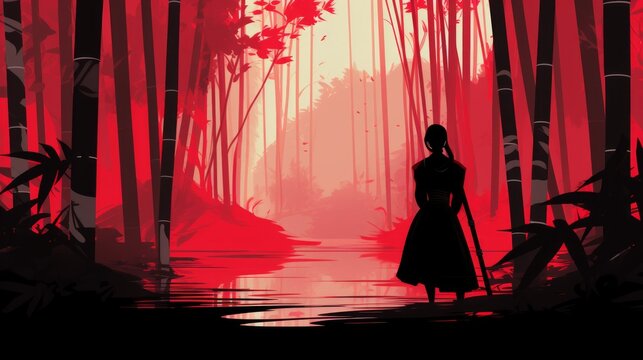 anime Style Background, a ninja girl practicing swords in a bamboo forest