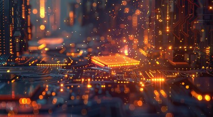 Wall Mural - A close-up of a circuit board with glowing lights offers a vibrant and abstract wallpaper or background for tech-related best-sellers