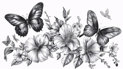 Decorative black and white line art of flowers and leaves for wrapping paper