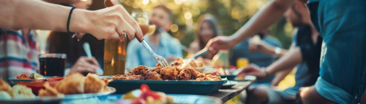 A group of friends sharing fried chicken at a picnic, outdoor fun theme, side view, joyful gathering, cybernetic tone, triadic color scheme